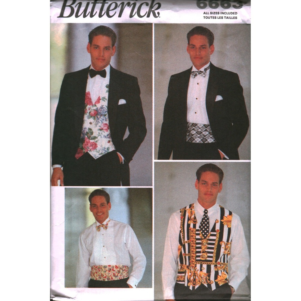 Butterick‎ 6663 Mens Vest Cummerbund Tie Bow Tie Sewing Pattern Size XS-XL CUT